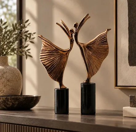 Shelves - Set of Two Bronze-Toned Brass Ballerina Sculptures with Black Marble - BELS & PEARL