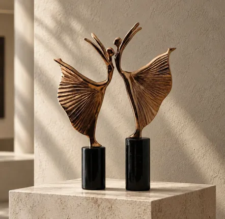 Shelves - Set of Two Bronze-Toned Brass Ballerina Sculptures with Black Marble - BELS & PEARL