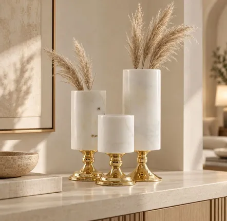 Vases - Set of 3 Marble Vases with Brass Bases - BELS & PEARL