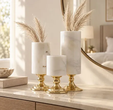 Vases - Set of 3 Marble Vases with Brass Bases - BELS & PEARL