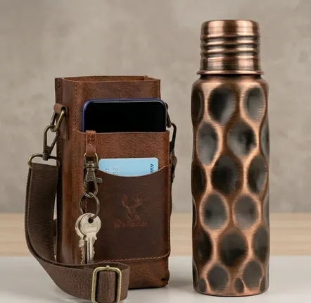 Other office supplies - Hammered Copper Water Bottle with Leather Carrier - BELS & PEARL