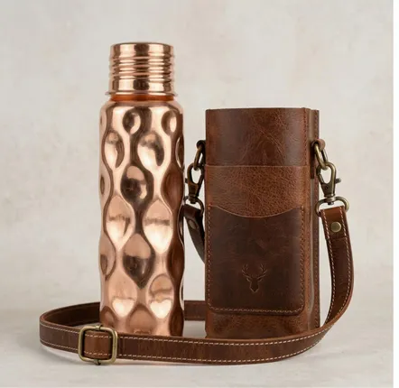 Other office supplies - Hammered Copper Water Bottle with Leather Carrier - BELS & PEARL