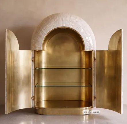Armoires - Arcana Mother-of-Pearl and Brass Sculptural Bar Cabinet - HOUSE OF JAIPUR