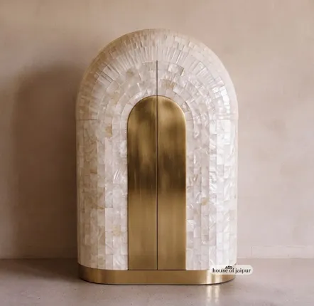 Armoires - Arcana Mother-of-Pearl and Brass Sculptural Bar Cabinet - HOUSE OF JAIPUR