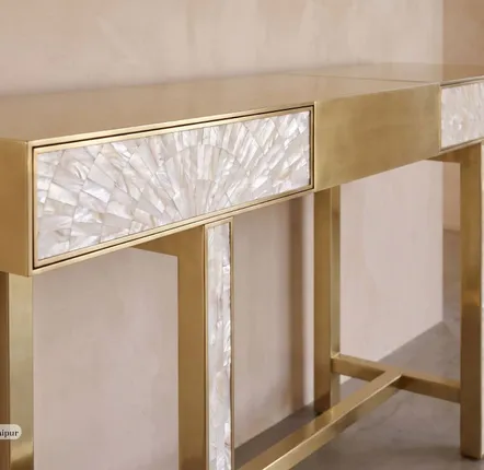 Consoles - Arcana Mother-of-Pearl Inlay and Brass Console Table - HOUSE OF JAIPUR