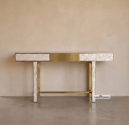 Consoles - Arcana Mother-of-Pearl Inlay and Brass Console Table - HOUSE OF JAIPUR