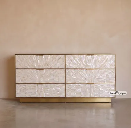 Chiffonniers - Arcana Mother-of-Pearl and Brass Six-Drawer Dresser - HOUSE OF JAIPUR