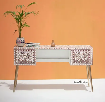 Bureaux - Teak Wood Inlay Work Desk by House of Jaipur - HOUSE OF JAIPUR