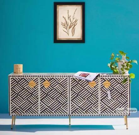 TV stands - Monochrome Media Console — Bone Inlay - HOUSE OF JAIPUR