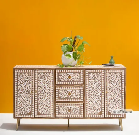 Sideboards - Teak Wood Inlay Cabinet — Solid Wood - HOUSE OF JAIPUR