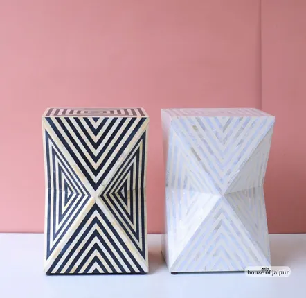 Other tables - Illusion End Table Duo — Bone & Mother of Pearl Inlay - HOUSE OF JAIPUR