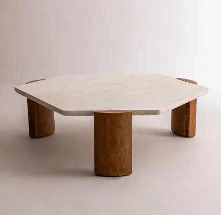 Coffee tables - Zaïrus travertine and walnut coffee table - DESIGN TRIP