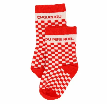 Children's fashion - Bamboo checkerboard baby socks "Chouchou du Père Noël" Red 6-18M - BB&CO