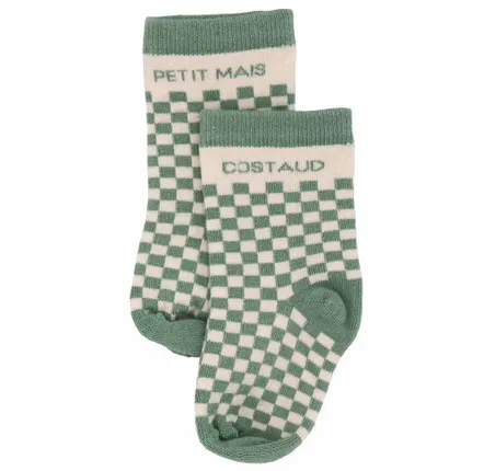 Children's fashion - Bamboo checkerboard baby socks "Petit mais Costaud" Verdigris 6-18M - BB&CO