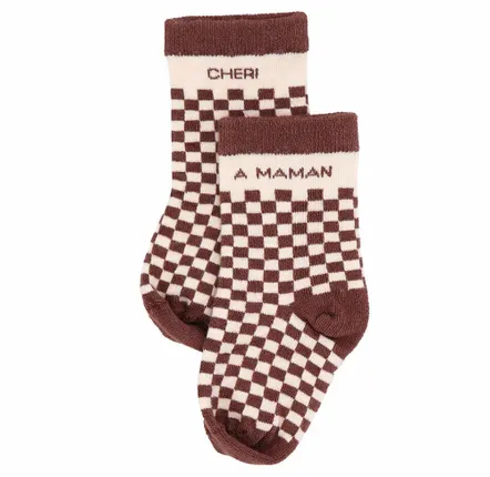 Children's fashion - Bamboo checkerboard baby socks "Chéri à maman" Mocha 6-18M - BB&CO