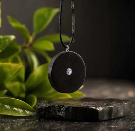 Jewelry - Bog Oak & Austrian Crystal Pendant – Round, 40x40x6 mm – small opening - GLASS4CANDLES