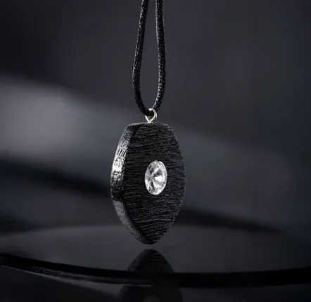 Jewelry - Bog Oak & Austrian Crystal Pendant – Shield – textured surface - GLASS4CANDLES