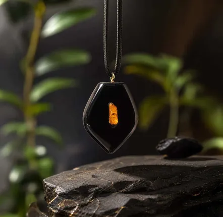 Jewelry - Bog Oak & Baltic Amber Pendant – Shield, 45x35x8 mm – single amber - GLASS4CANDLES