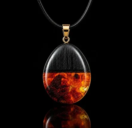 Jewelry - Bog Oak & Baltic Amber Pendant – Oval, 40x25x8 mm - GLASS4CANDLES