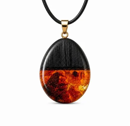 Jewelry - Bog Oak & Baltic Amber Pendant – Oval, 40x25x8 mm - GLASS4CANDLES