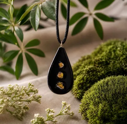 Jewelry - Bog Oak & Baltic Amber Pendant – Drop, 45x30x8 mm - GLASS4CANDLES