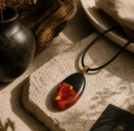 Jewelry - Bog Oak & Baltic Amber Pendant – Drop, 45x20x8 mm - GLASS4CANDLES