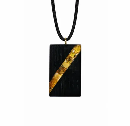 Jewelry - Bog Oak & Amber Pendant – Rectangle, 40x22x8 mm – broken amber stripe - GLASS4CANDLES