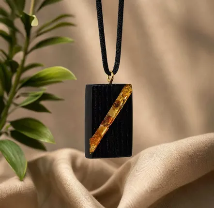 Jewelry - Bog Oak & Amber Pendant – Rectangle, 40x22x8 mm – broken amber stripe - GLASS4CANDLES