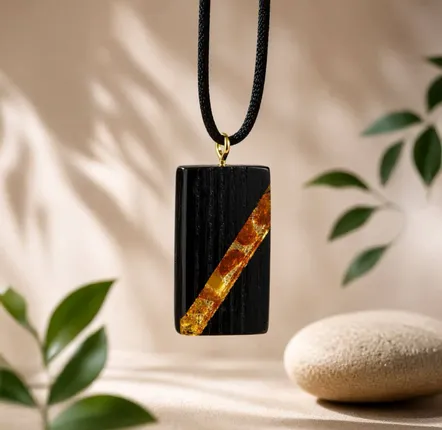 Jewelry - Bog Oak & Amber Pendant – Rectangle, 40x22x8 mm – wide amber stripe - GLASS4CANDLES