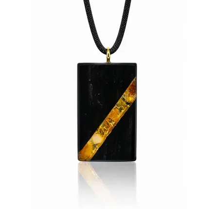 Jewelry - Bog Oak & Amber Pendant – Rectangle, 40x22x8 mm – narrow amber stripe - GLASS4CANDLES