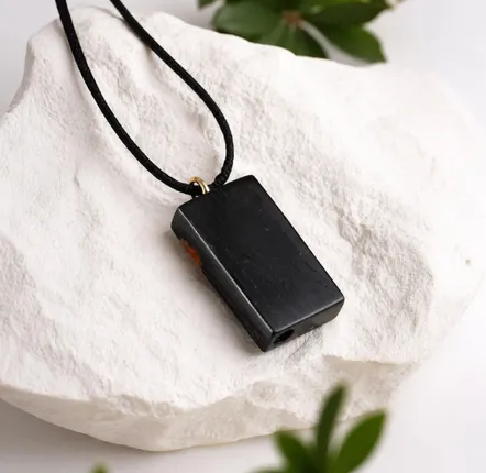 Jewelry - Bog Oak & Amber Pendant – Rectangle, 40x22x8 mm – narrow amber stripe - GLASS4CANDLES