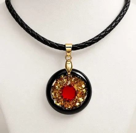 Jewelry - Bog Oak & Garnet Pendant Necklace – Round, 24x24x8 mm – golden grains - GLASS4CANDLES