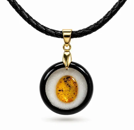 Jewelry - Bog Oak & Amber Pendant Necklace – Round, 24x24x8 mm - GLASS4CANDLES