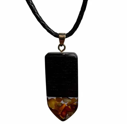 Jewelry - Bog Oak & Amber Pendant – Rectangle, 45x20x6 mm – graphite resin - GLASS4CANDLES