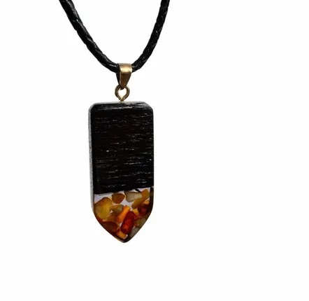 Jewelry - Bog Oak & Amber Pendant – Rectangle, 45x20x6 mm – graphite resin - GLASS4CANDLES