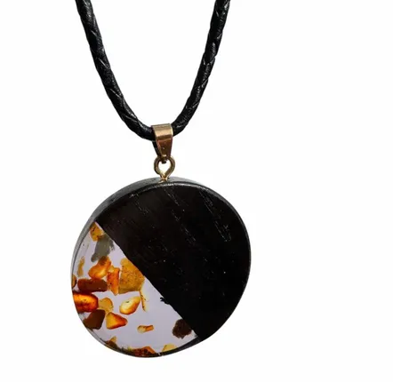Jewelry - Bog Oak & Amber Pendant – Round, 40x40x6 mm – Graphite Halo Disc - GLASS4CANDLES