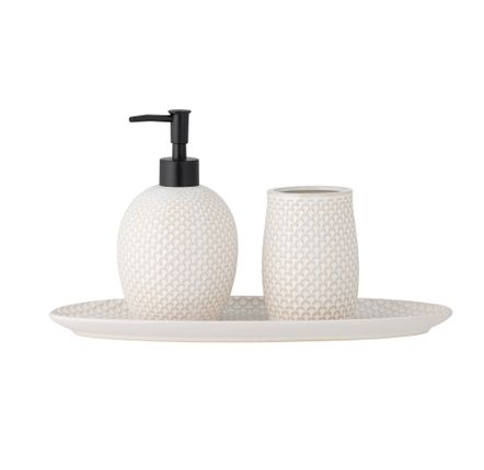 Washbasins - Hrin Soap Dispenser Set, Nature, Stoneware Set of 3 - BLOOMINGVILLE MULTIBRAND HOUSE