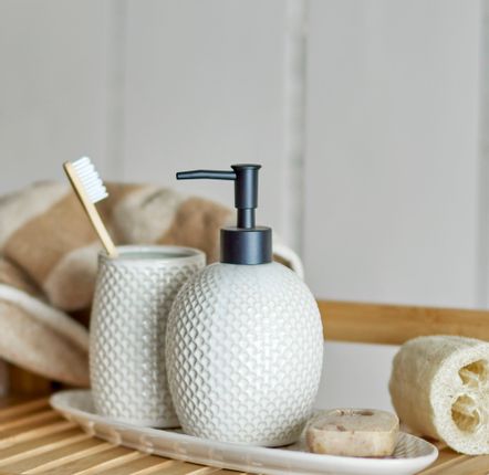 Washbasins - Hrin Soap Dispenser Set, Nature, Stoneware Set of 3 - BLOOMINGVILLE MULTIBRAND HOUSE