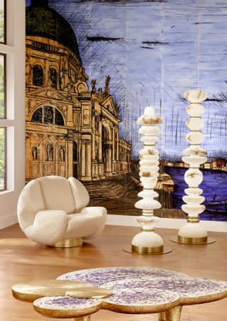  - Pair of "Totem" floor lamps in enlightened alabaster and brass. Creation by Studio Glustin.