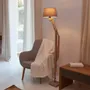 Floor lamps - THEA floor lamp in iron and beech wood and lampshade in grey cotonet - LUXCAMBRA