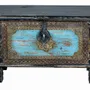 Storage boxes - Distressed black mango wood chest with blue details - GINER Y COLOMER