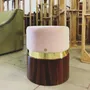 Stools for hospitalities & contracts - Lune B Round Pouf diam 40cm, Fabric seat, Brass & wood Base - DUISTT