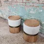 Stools for hospitalities & contracts - Lune B Round Pouf diam 40cm, Fabric seat, Brass & wood Base - DUISTT