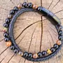 Bracelets - BRACELET CUIR NOIR AVEC OEIL DE TIGRE ET ONYX - JOLIE JULIE