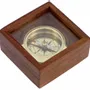 Objets de décoration - Boussole laiton brillant, D. 4.5 cm ds coffret bois, couv. transp - Dim. 7.5x7.5x3.5 cm - TRADE WINDS