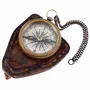 Decorative objects - Antique brass finish compass, with its chain inside its leather pouch diam. 2" - TRADE WINDS