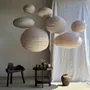 Suspensions - Grande suspension en rotin et lin naturel japonisante ovale aplatie - OFFICE OBJETS
