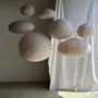 Suspensions - Très grande suspension en rotin et lin naturel japonisante ovale - OFFICE OBJETS