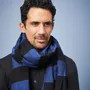 Scarves - SVINOY MEN'S SCARF — WIDE BLACK & ROYAL BLUE WOOL STRIPES - AV08 PARIS