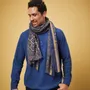 Scarves - BANGARAM MEN'S SCARF — BEIGE & INDIGO BLUE PRINTED PATTERNS IN WOOL - AV08 PARIS